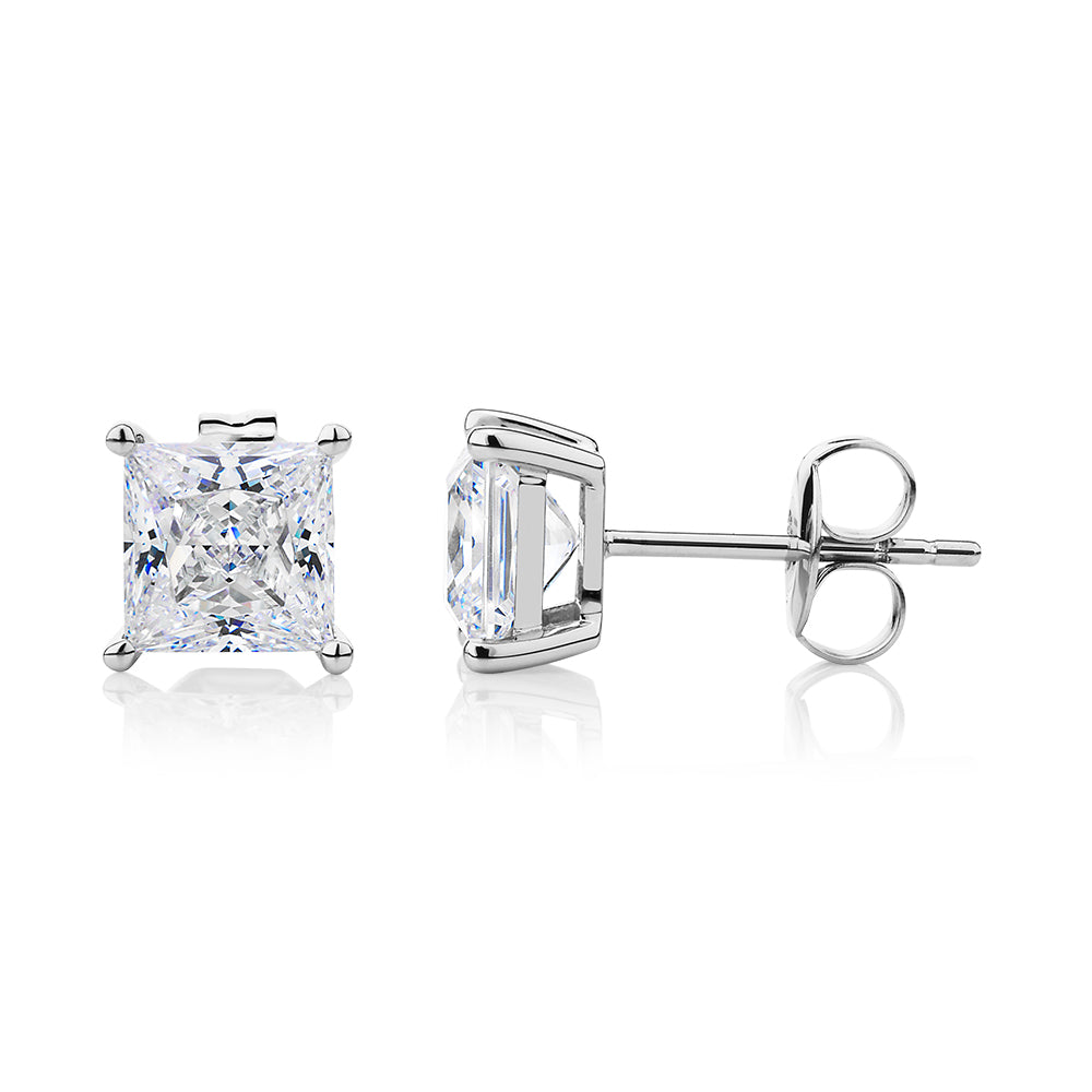 Princess cut stud earrings with 2.48 carats* of diamond simulants in 10 carat white gold