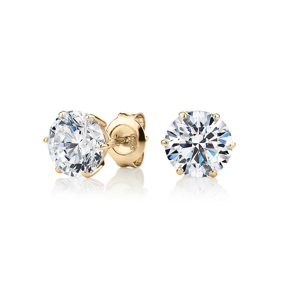 Round Brilliant stud earrings with 3 carats* of diamond simulants in 10 carat yellow gold