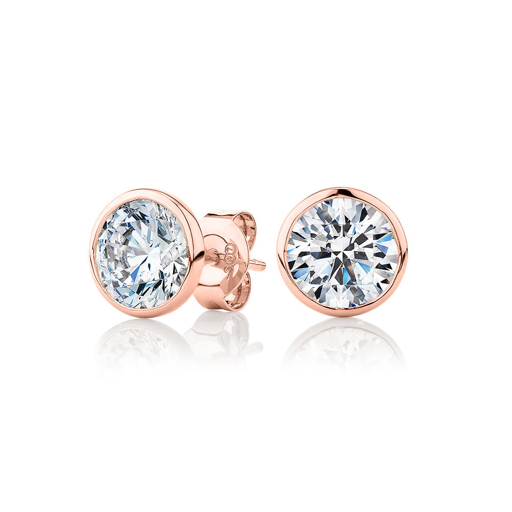 Round Brilliant stud earrings with 3 carats* of diamond simulants in 10 carat rose gold