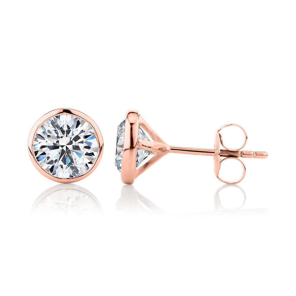 Round Brilliant stud earrings with 3 carats* of diamond simulants in 10 carat rose gold
