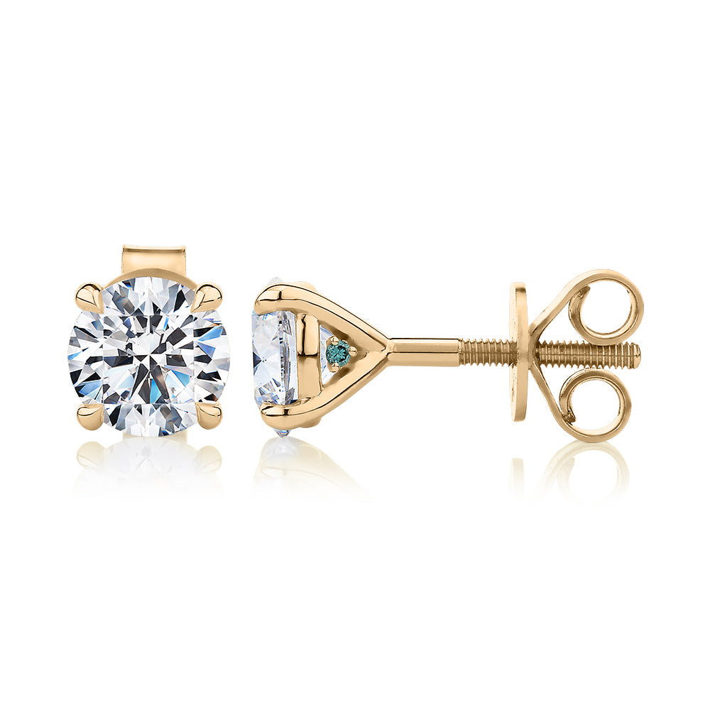 Premium Certified Laboratory Created Diamond, 2.00 carat TW round brilliant stud earrings in 18 carat yellow gold