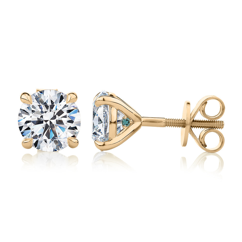 Premium Certified Laboratory Created Diamond, 3.00 carat TW round brilliant stud earrings in 18 carat yellow gold
