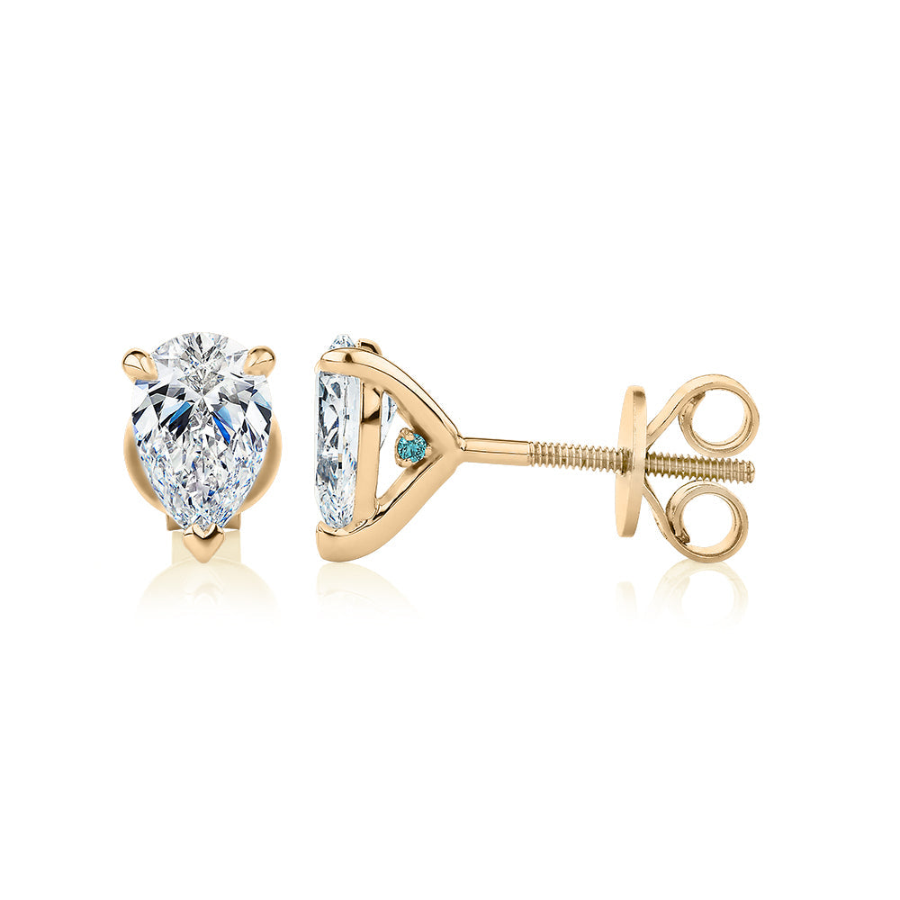 Premium Certified Laboratory Created Diamond, 1.40 carat TW pear stud earrings in 18 carat yellow gold