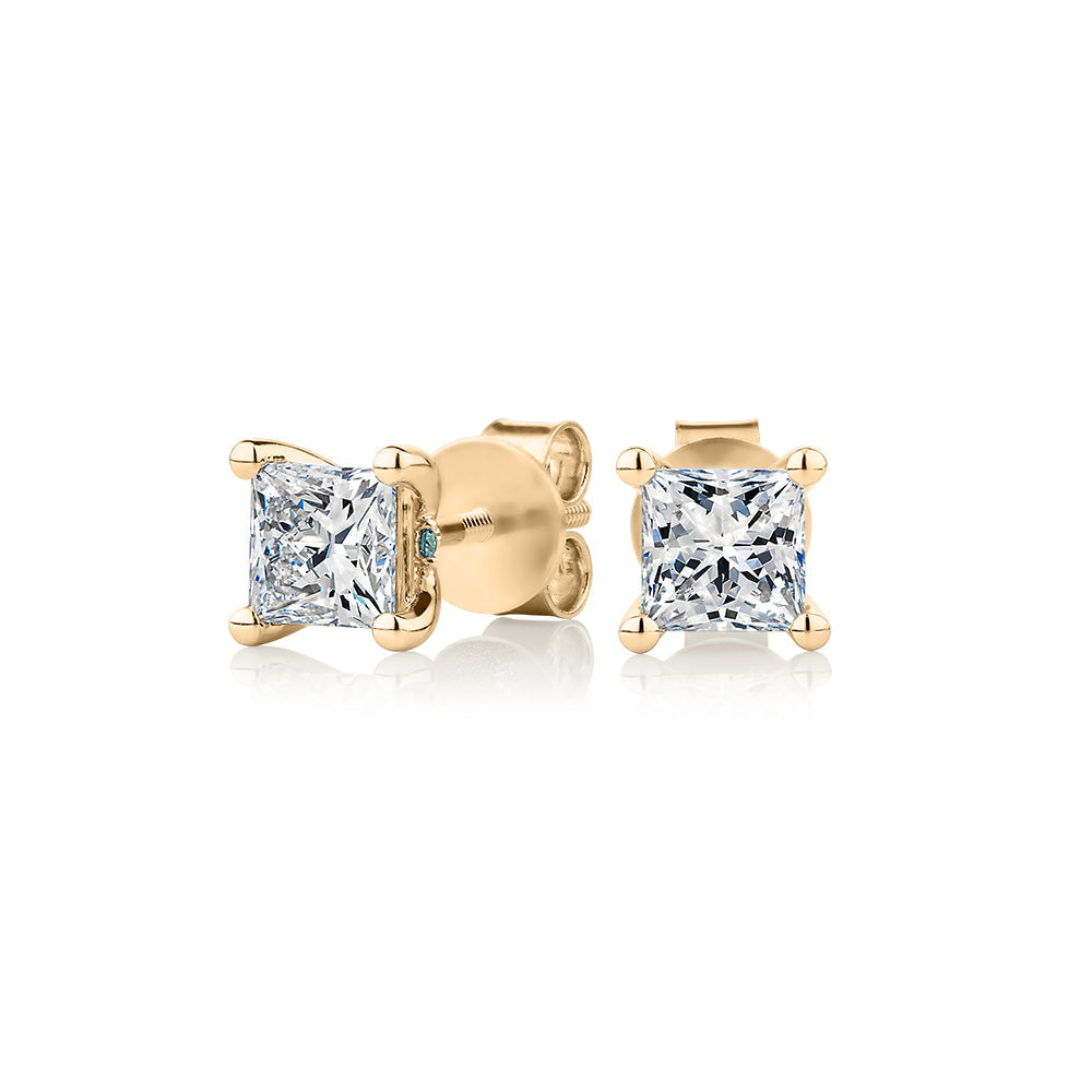 Premium Lab-Grown Diamond, 1.40 carat TW princess cut stud earrings in 14 carat yellow gold