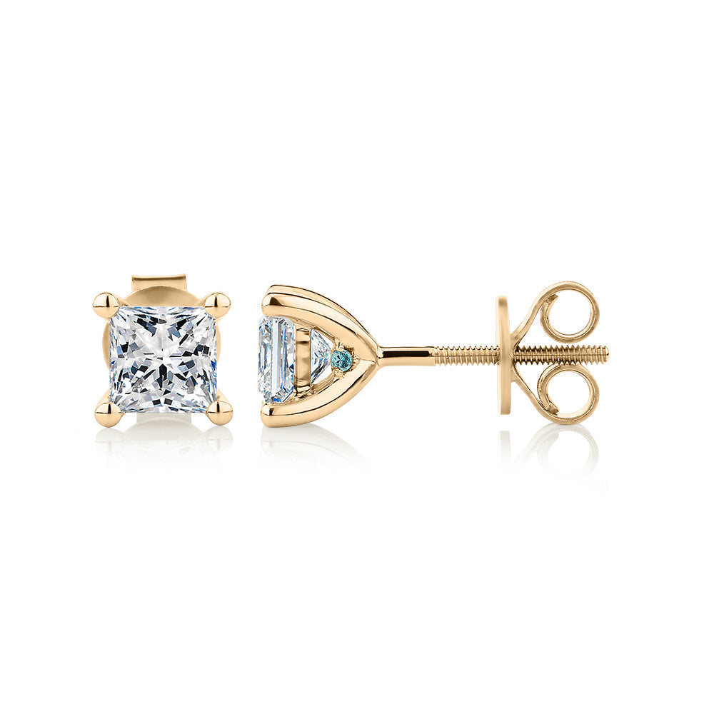 Premium Lab-Grown Diamond, 1.40 carat TW princess cut stud earrings in 14 carat yellow gold