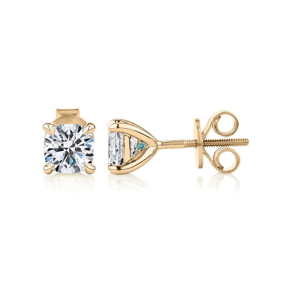 Premium Certified Lab-Grown Diamond, 1.40 carat TW cushion stud earrings in 14 carat yellow gold