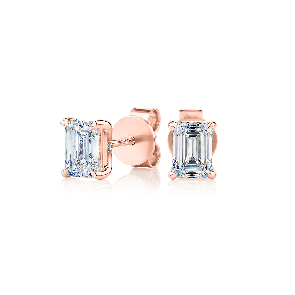 Signature Simulant Diamond 1.40 carat* TW emerald cut stud earrings in 14 carat rose gold