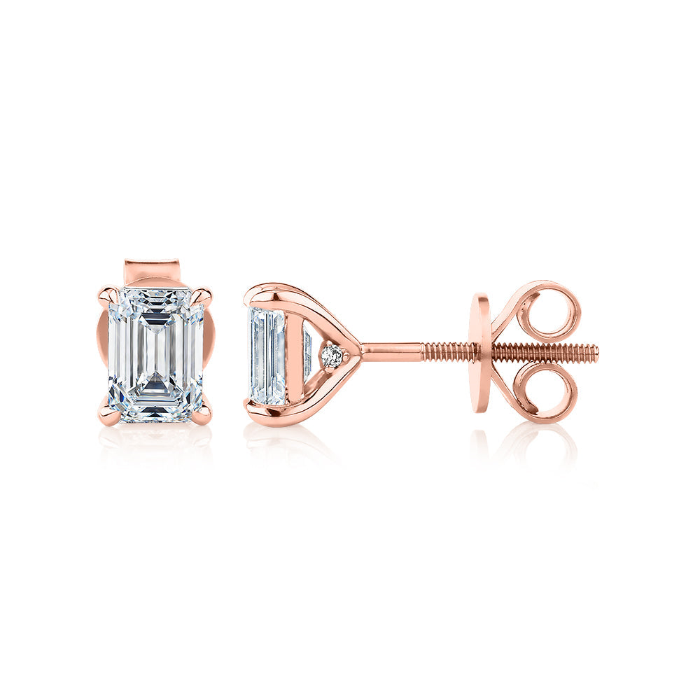 Signature Simulant Diamond 1.40 carat* TW emerald cut stud earrings in 14 carat rose gold