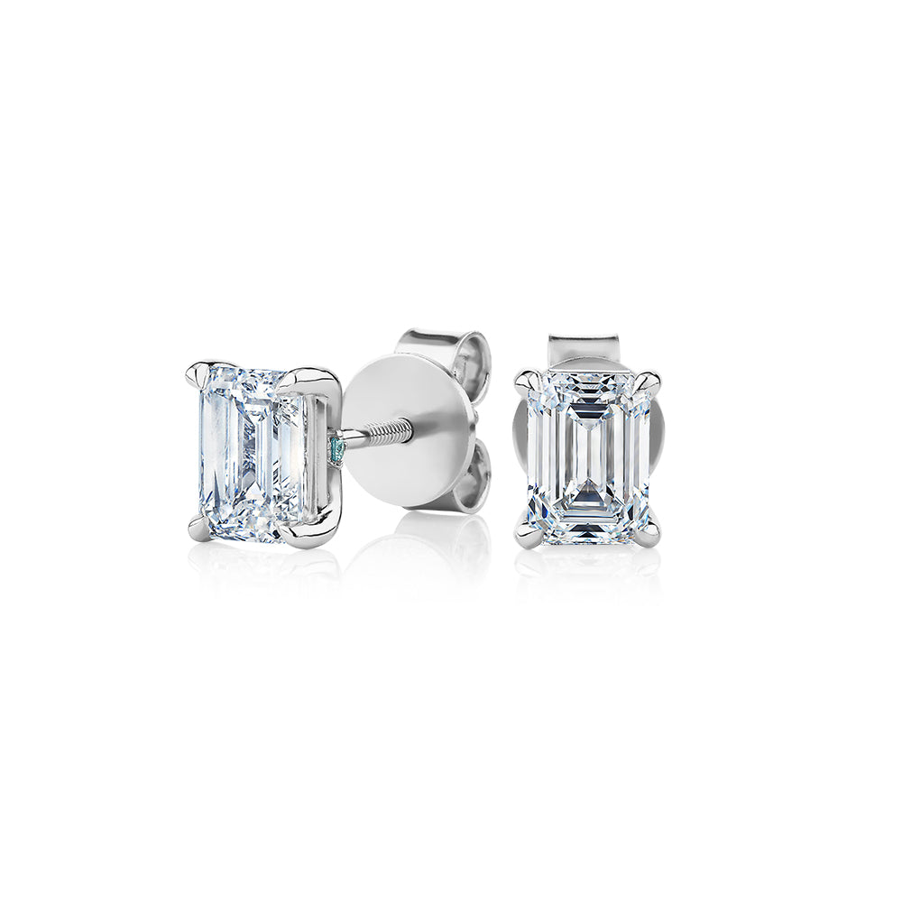 Premium Certified Lab-Grown Diamond, 1.40 carat TW emerald cut stud earrings in 18 carat white gold