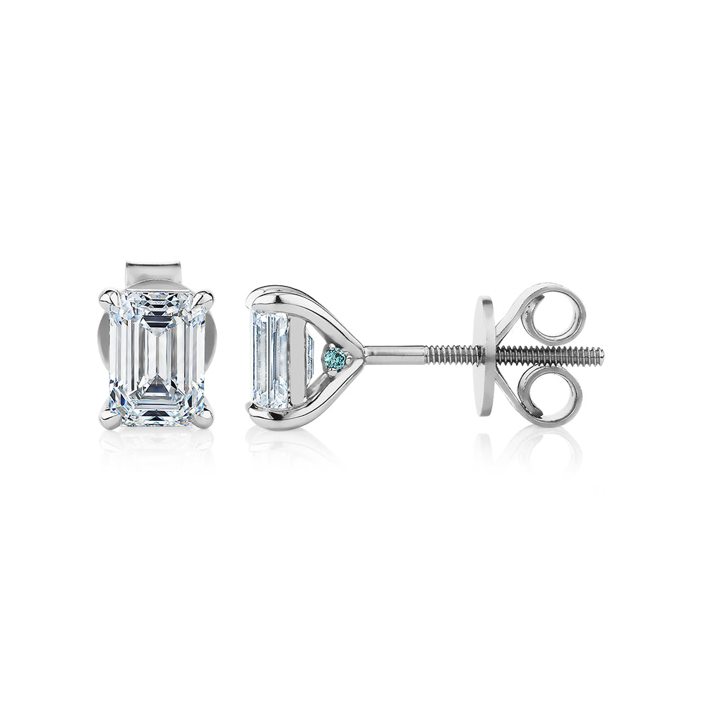 Premium Certified Lab-Grown Diamond, 1.40 carat TW emerald cut stud earrings in 18 carat white gold