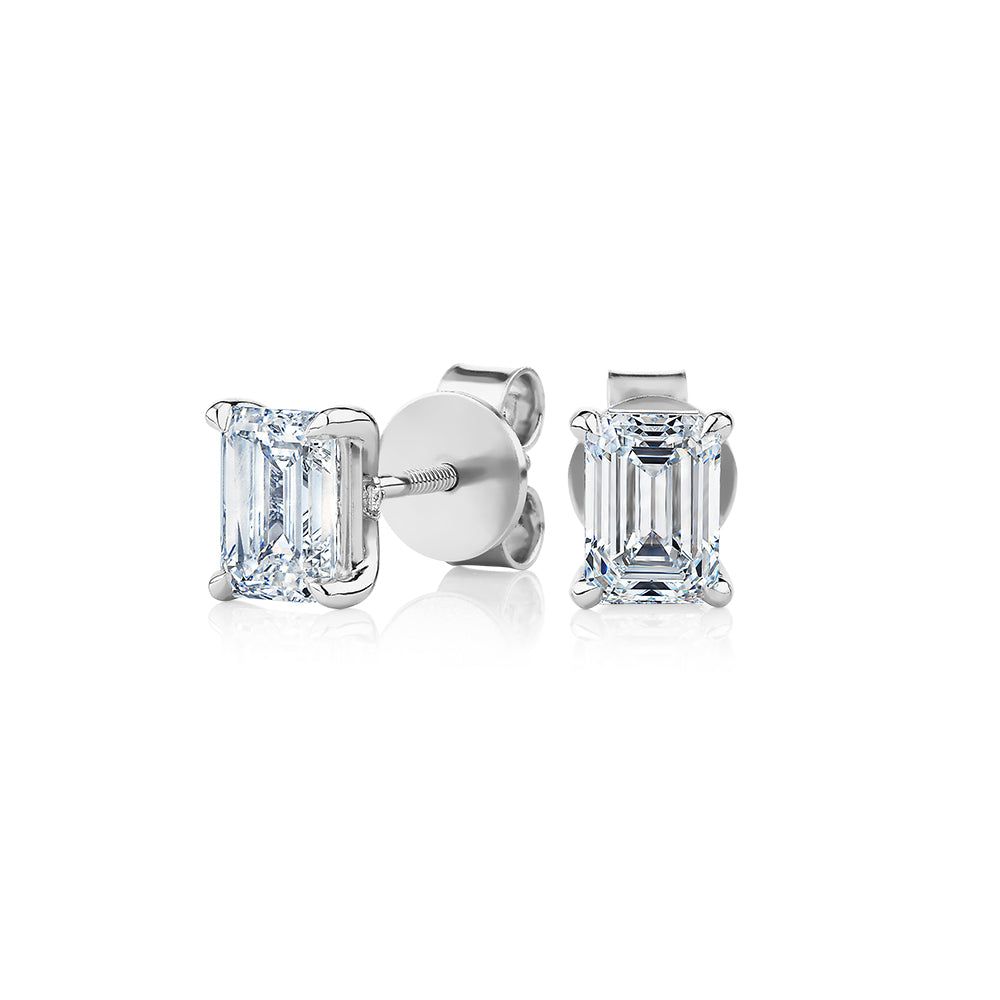 Signature Simulant Diamond 1.40 carat* TW emerald cut stud earrings in 14 carat white gold