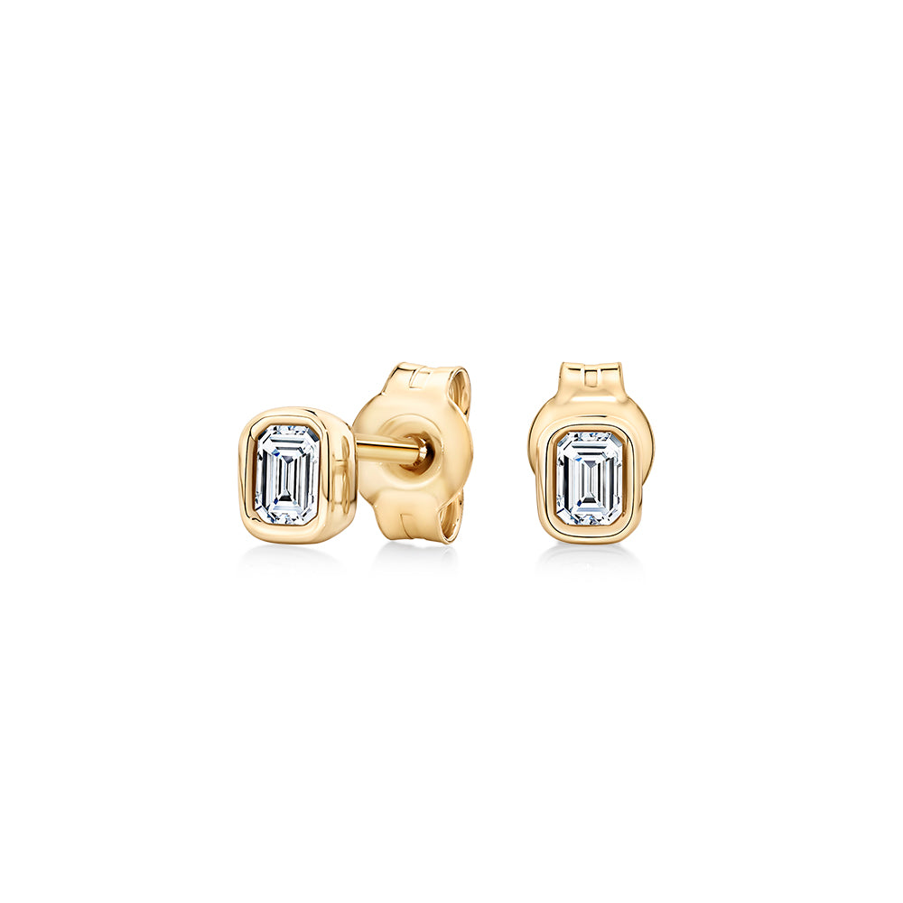 Lab-Grown Diamond, 0.16 carat TW emerald cut solitaire stud earrings in 10 carat yellow gold