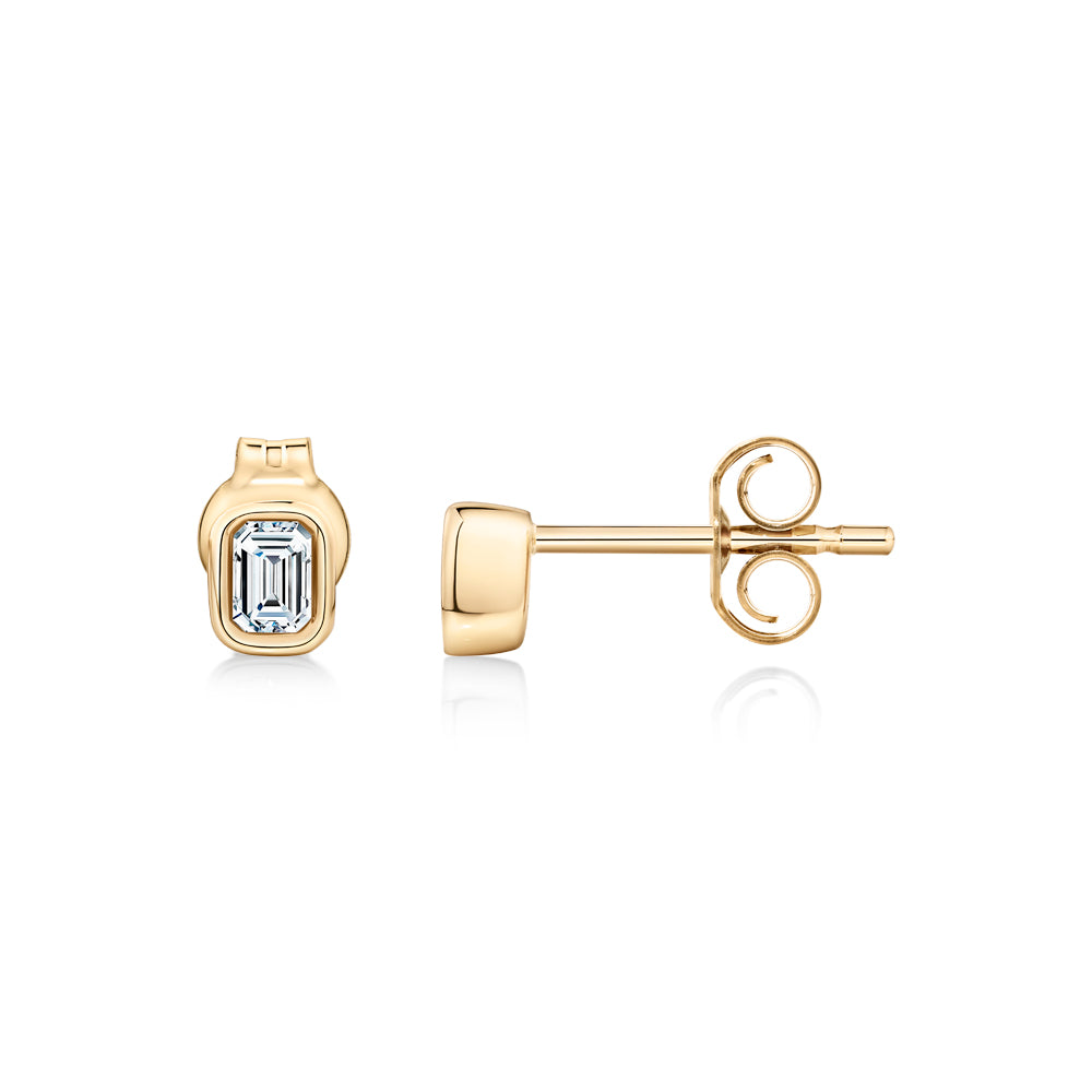 Lab-Grown Diamond, 0.16 carat TW emerald cut solitaire stud earrings in 10 carat yellow gold