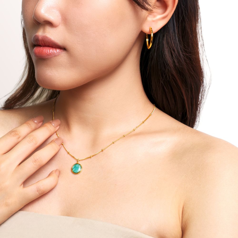 Green amazonite necklace in 18 carat yellow gold vermeil