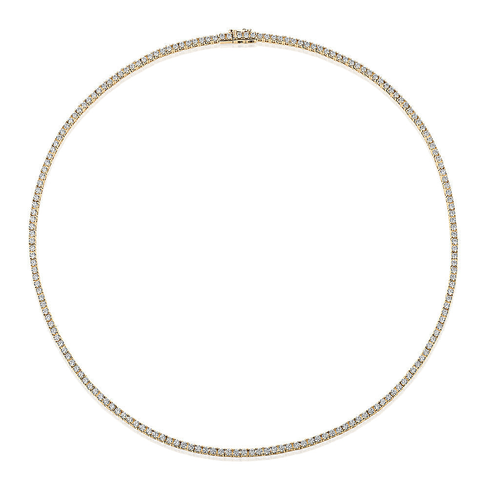 Round Brilliant tennis necklace with 5.52 carats* of diamond simulants in 10 carat yellow gold