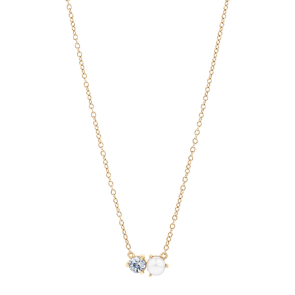 Lab-Grown Simulant and Cultured Pearl, round brilliant and potato shape necklace in 18 carat yellow gold vermeil
