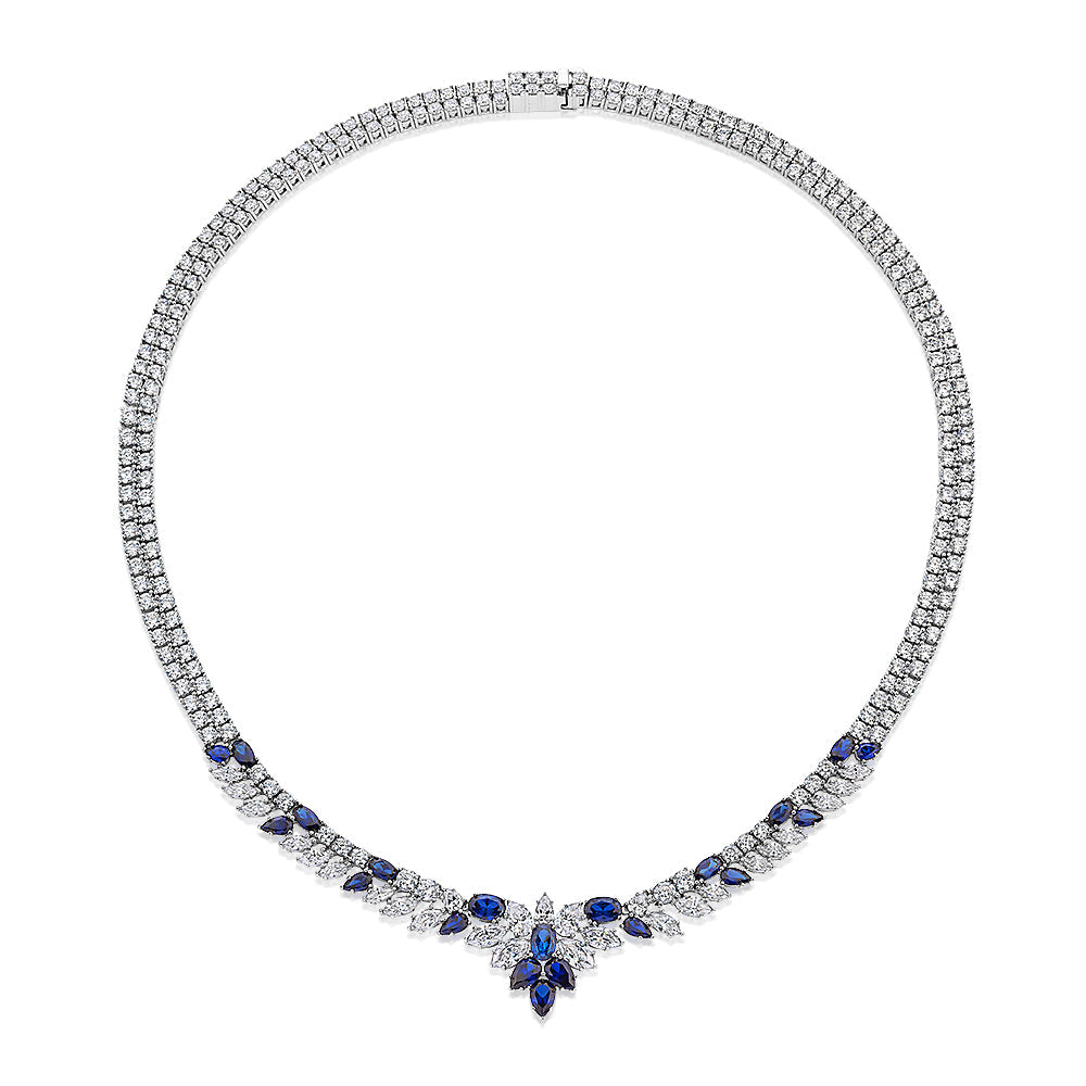 Statement necklace with sapphire simulants and 21.57 carats* of diamond simulants in sterling silver