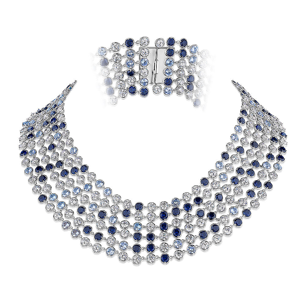 Statement necklace with aqua and sapphire simulants and 102.12 carats* of diamond simulants in sterling silver