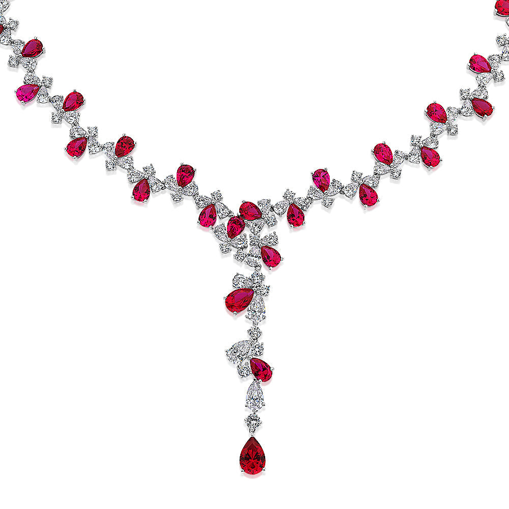 Statement necklace with ruby simulants and 32.71 carats* of diamond simulants in sterling silver