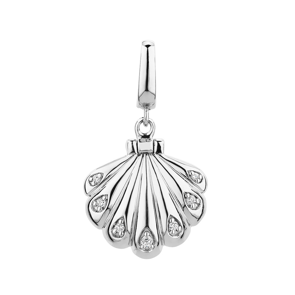 Round Brilliant charm pendant with  diamond simulants and cultured freshwater pearl in sterling silver