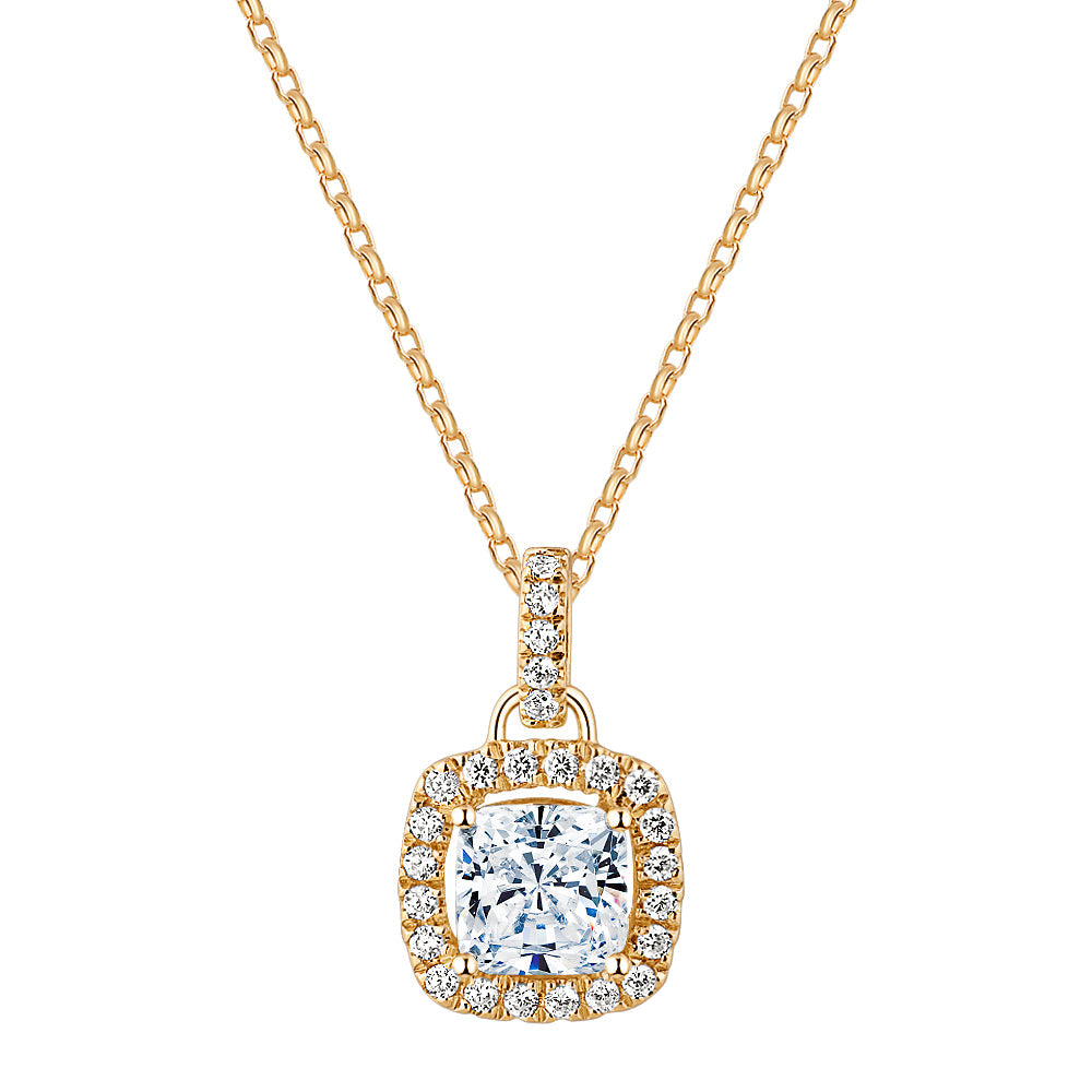 Halo pendant with 1.85 carats* of diamond simulants in 10 carat yellow gold
