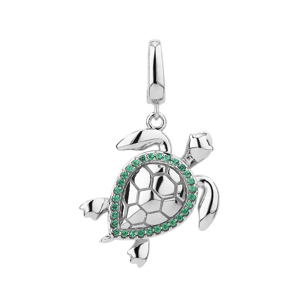 Charm pendant with emerald simulants in sterling silver