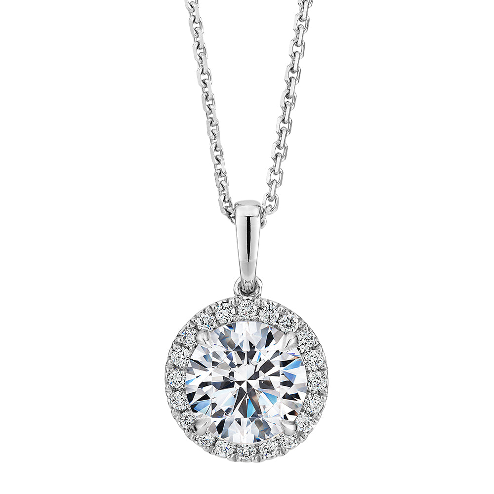 Premium Certified Lab-Grown Diamond, 1.66 carat TW round brilliant halo pendant in 14 carat white gold