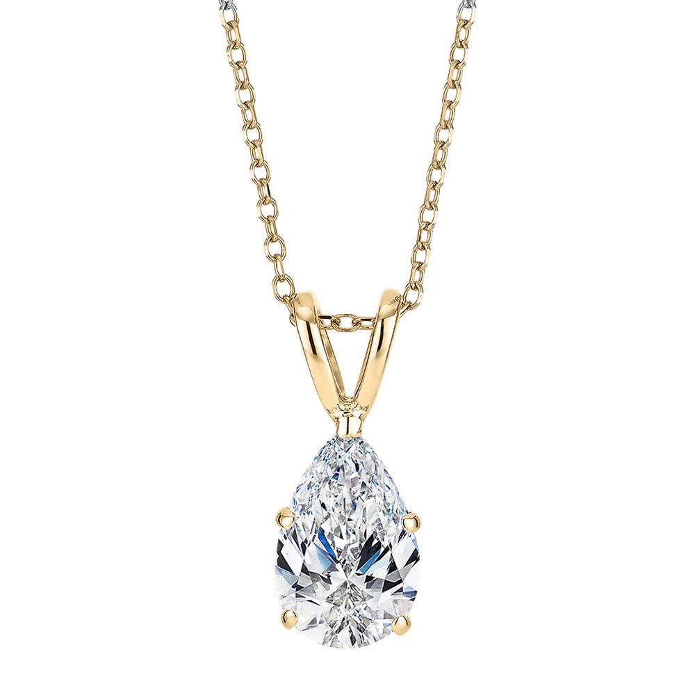 Pear solitaire pendant with 1 carat* diamond simulant in 10 carat yellow gold