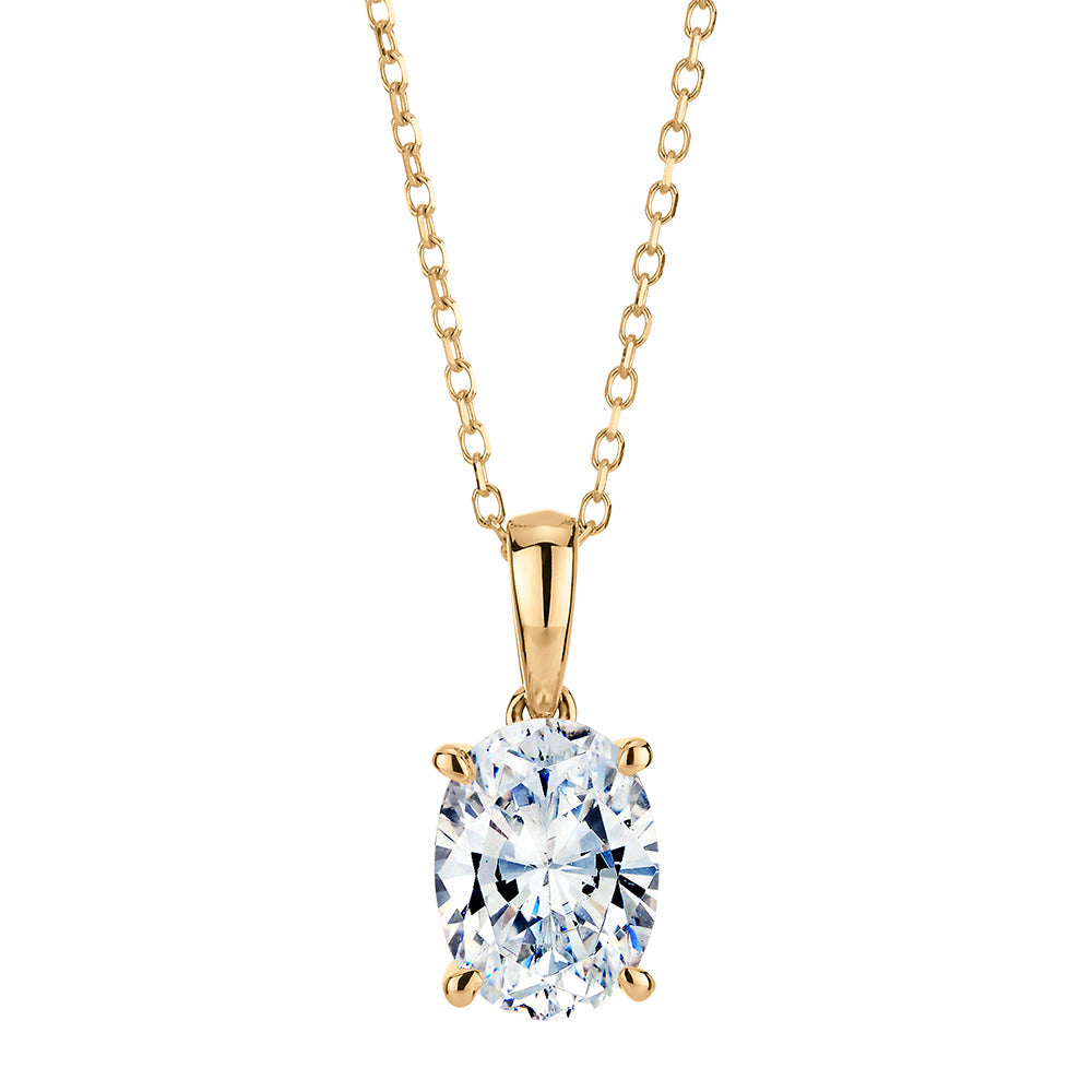 Oval and Round Brilliant solitaire pendant with 1.25 carats* of diamond simulants in 10 carat yellow gold