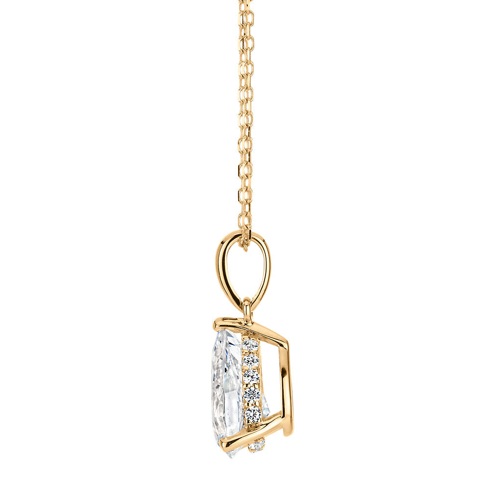 Pear and Round Briliant solitaire pendant with 1.4 carats* of diamond simulants in 10 carat yellow gold