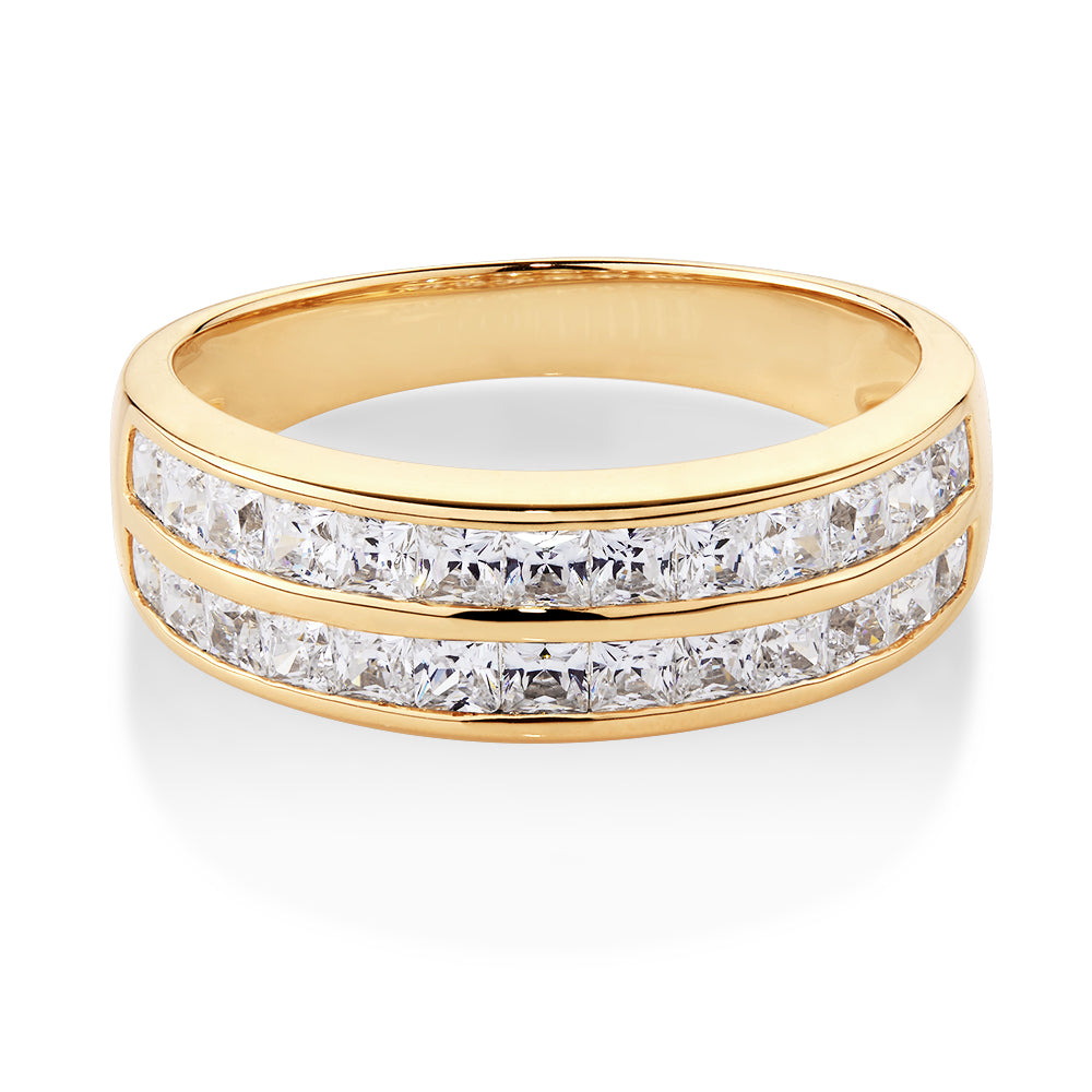 Wedding or eternity band with 1.56 carats* of diamond simulants in 10 carat yellow gold