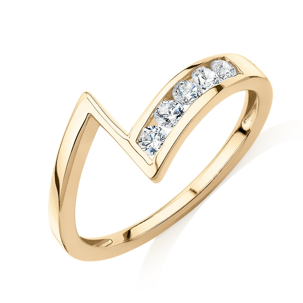 Round Brilliant curved wedding or eternity band with 0.4 carats* of diamond simulants in 14 carat yellow gold