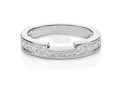 Princess cut channel set wedding band with cut out in 14 carat white gold
