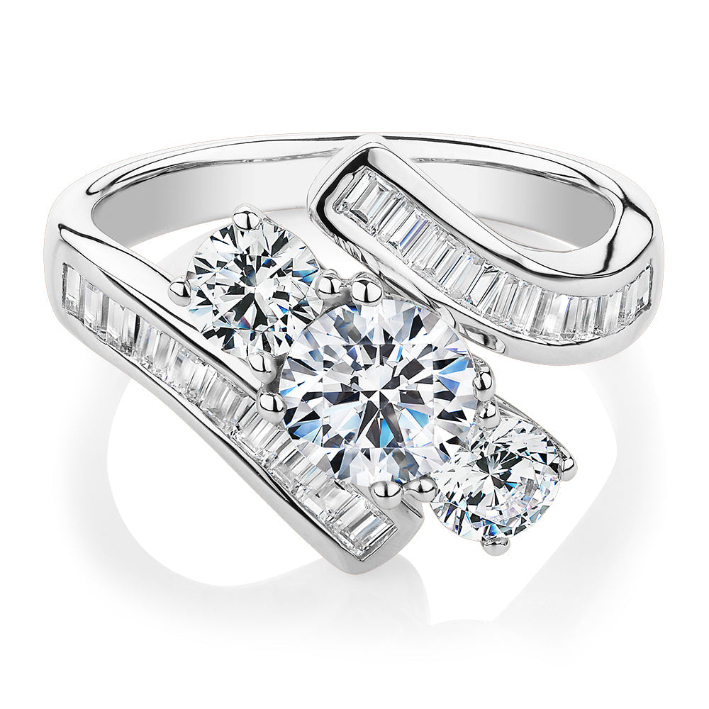 Three stone ring with 2.63 carats* of diamond simulants in 10 carat white gold