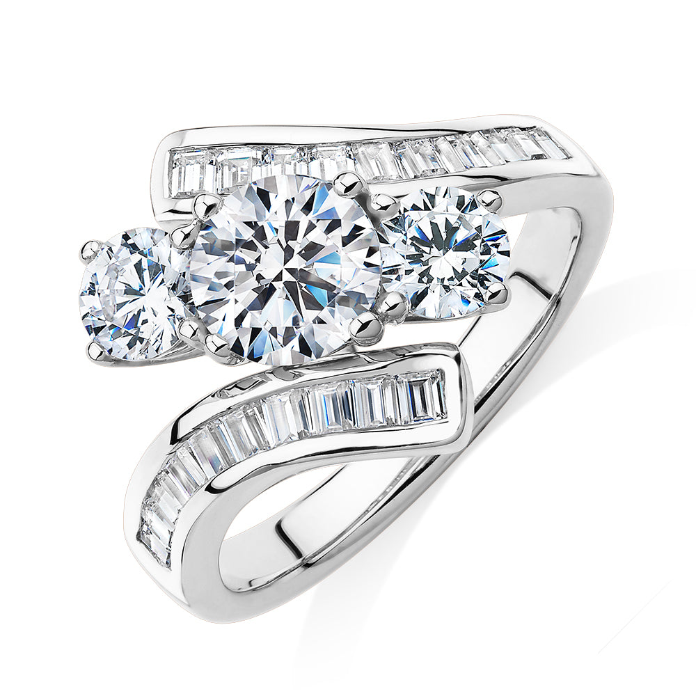 Three stone ring with 2.63 carats* of diamond simulants in 10 carat white gold