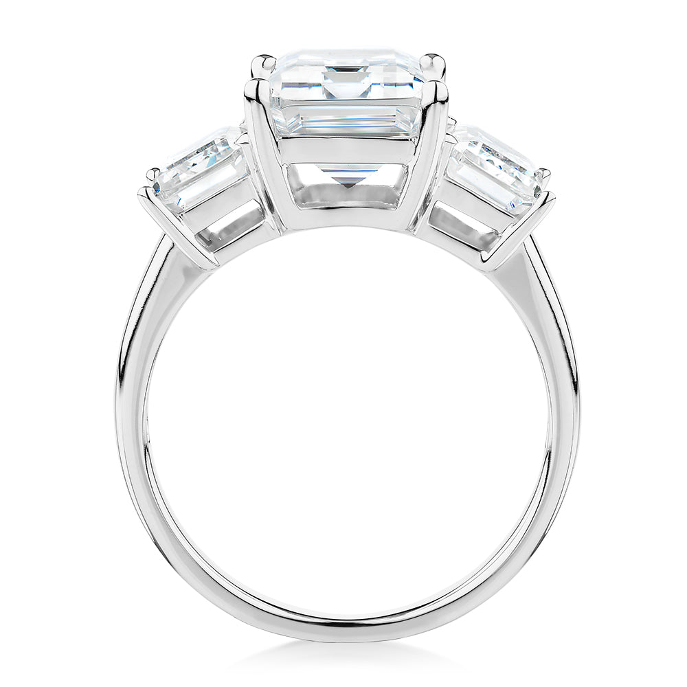 Three stone ring with 4.9 carats* of diamond simulants in 10 carat white gold