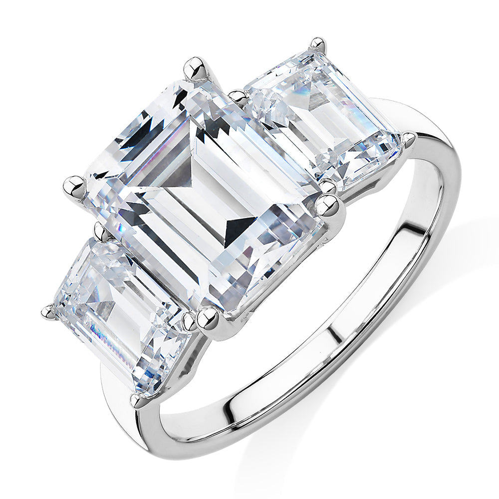 Three stone ring with 4.9 carats* of diamond simulants in 10 carat white gold