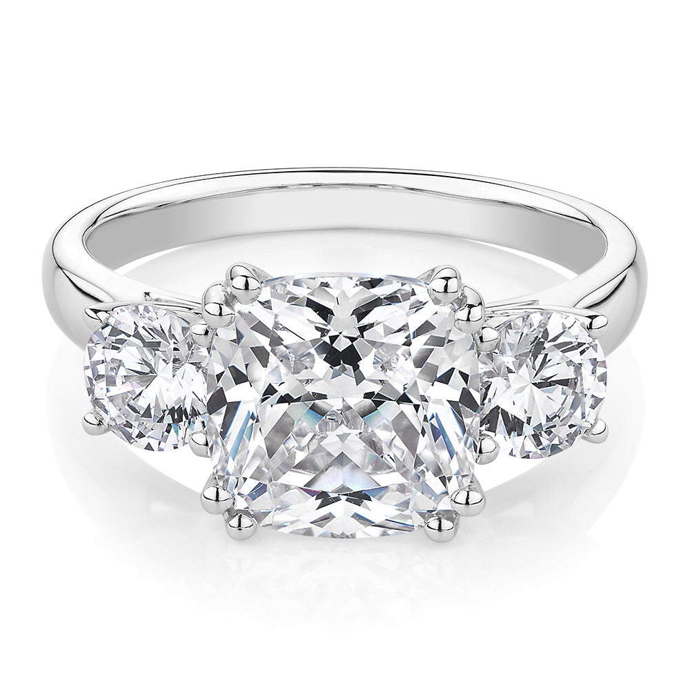 Three stone ring with 3.75 carats* of diamond simulants in 10 carat white gold