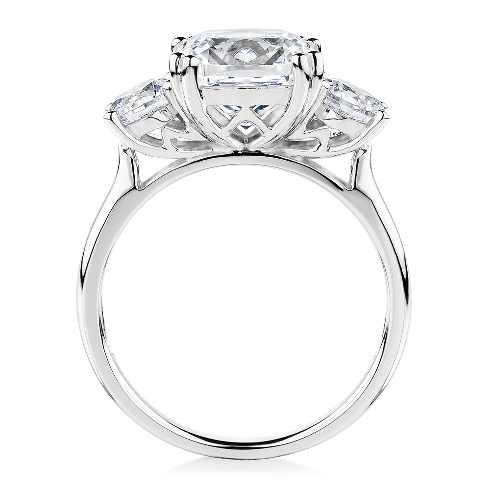 Three stone ring with 3.75 carats* of diamond simulants in 10 carat white gold