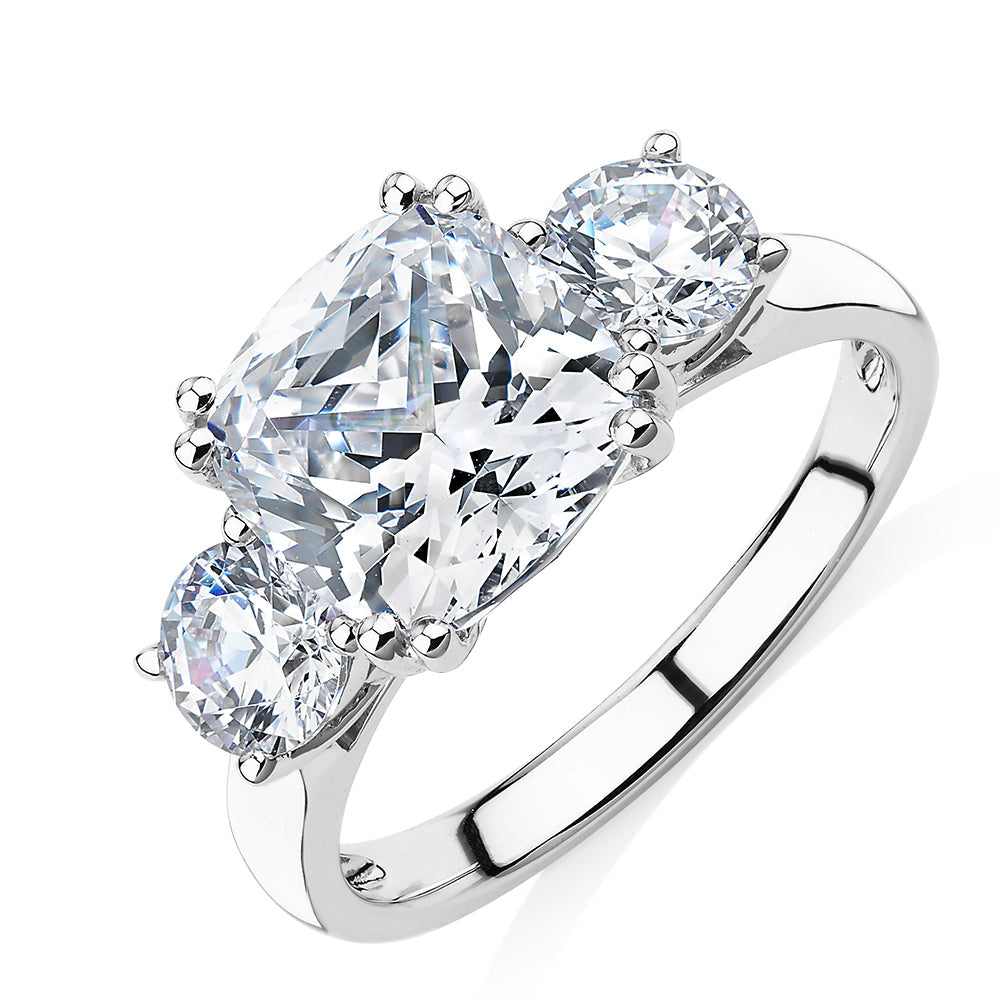 Three stone ring with 3.75 carats* of diamond simulants in 10 carat white gold