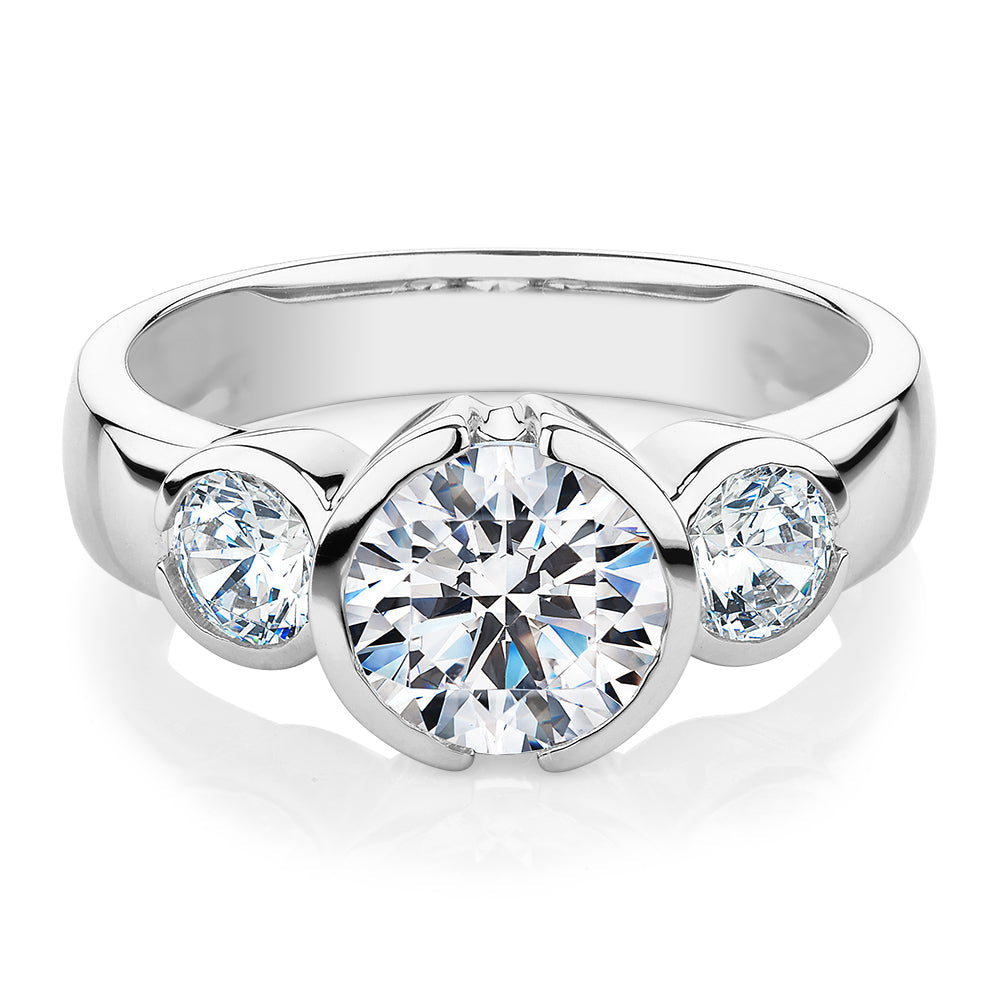 Three stone ring with 2.23 carats* of diamond simulants in 10 carat white gold