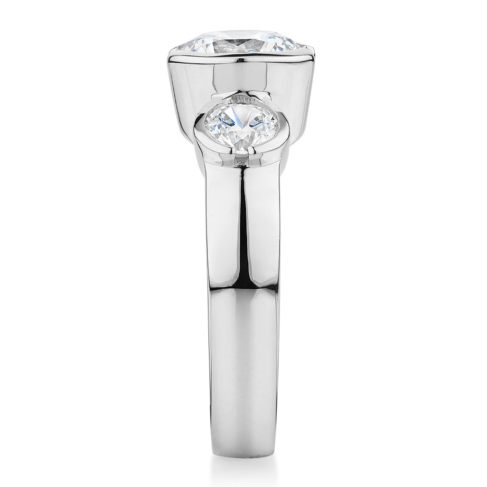 Three stone ring with 2.23 carats* of diamond simulants in 10 carat white gold