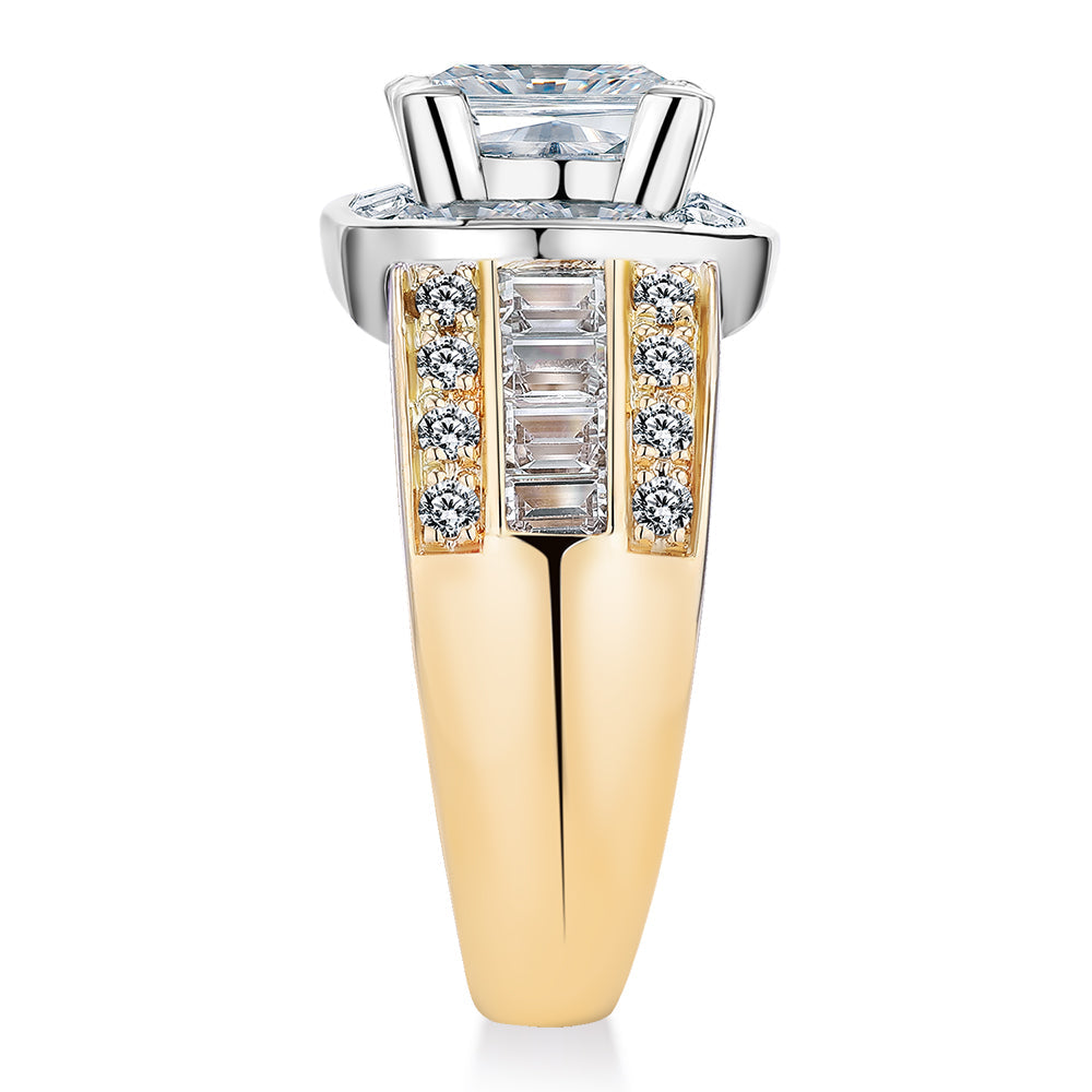 Dress ring with 3.6 carats* of diamond simulants in 10 carat yellow and white gold