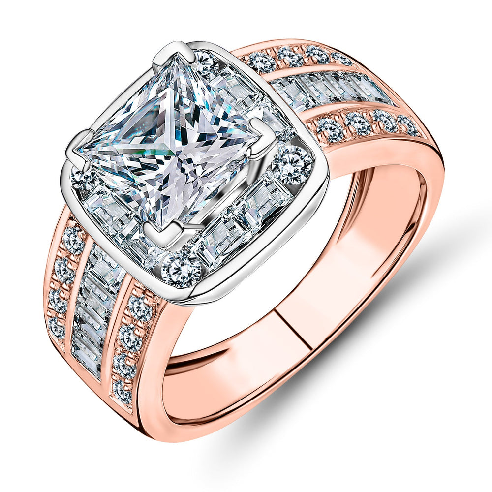 Dress ring with 3.6 carats* of diamond simulants in 10 carat rose and white gold