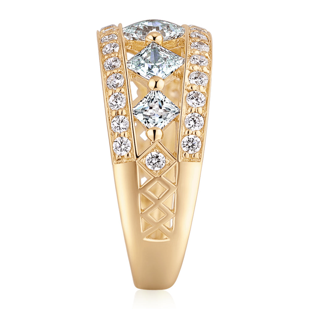 Princess Cut and Round Brilliant Dress ring with 1.71 carats* of diamond simulants in 10 carat yellow gold