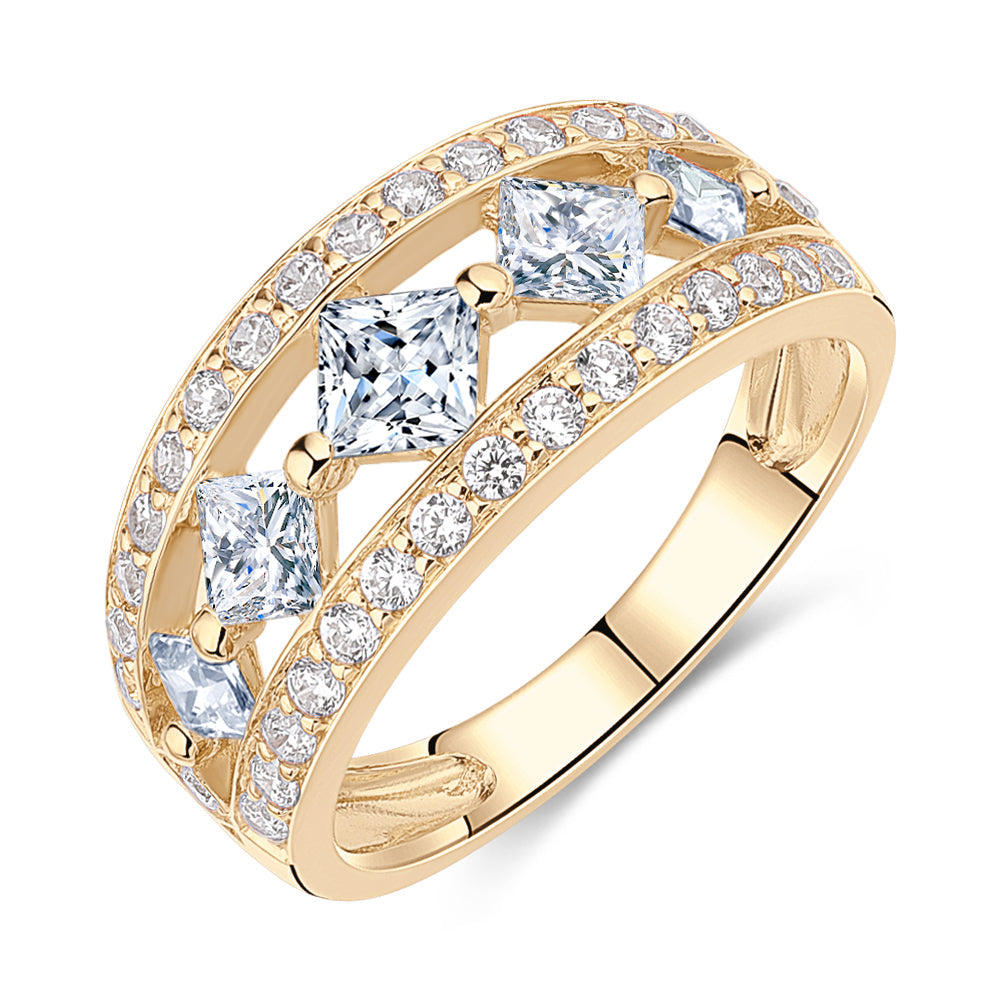 Princess Cut and Round Brilliant Dress ring with 1.71 carats* of diamond simulants in 10 carat yellow gold
