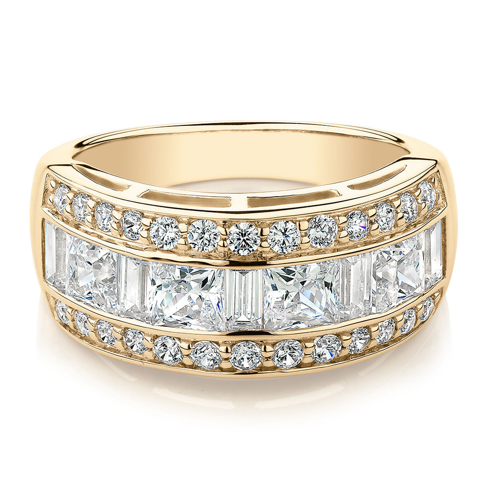 Dress ring with 2.7 carats* of diamond simulants in 10 carat yellow gold