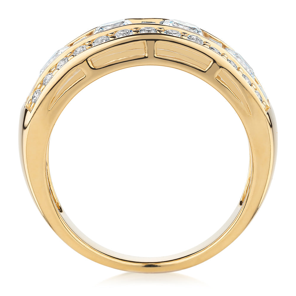 Dress ring with 2.7 carats* of diamond simulants in 10 carat yellow gold