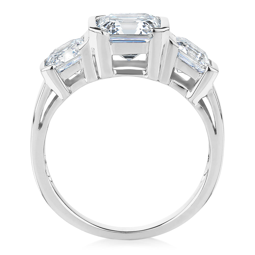Three stone ring with 3.38 carats* of diamond simulants in 10 carat white gold