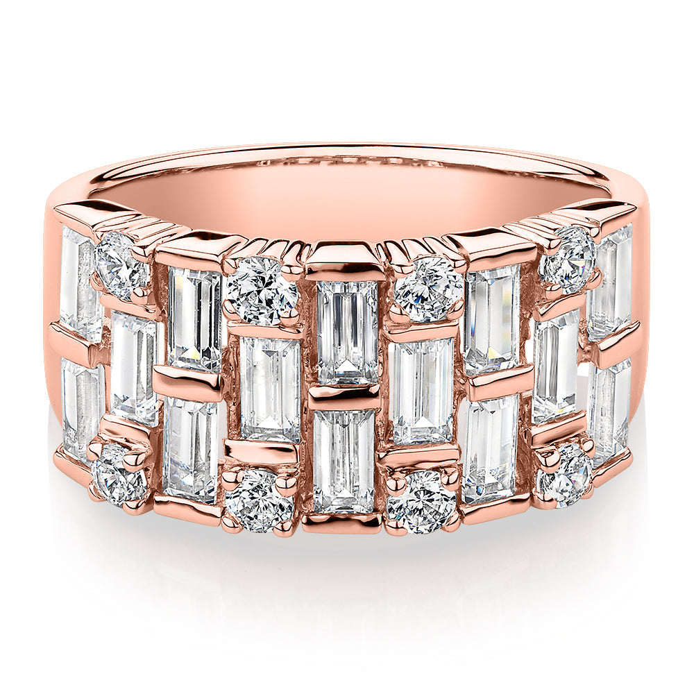 Dress ring with 2.44 carats* of diamond simulants in 10 carat rose gold